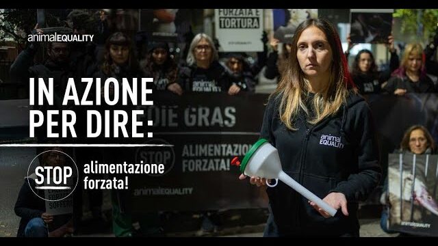 In azione di fronte al ristorante Sadler a Milano per dire STOP alimentazione forzata!